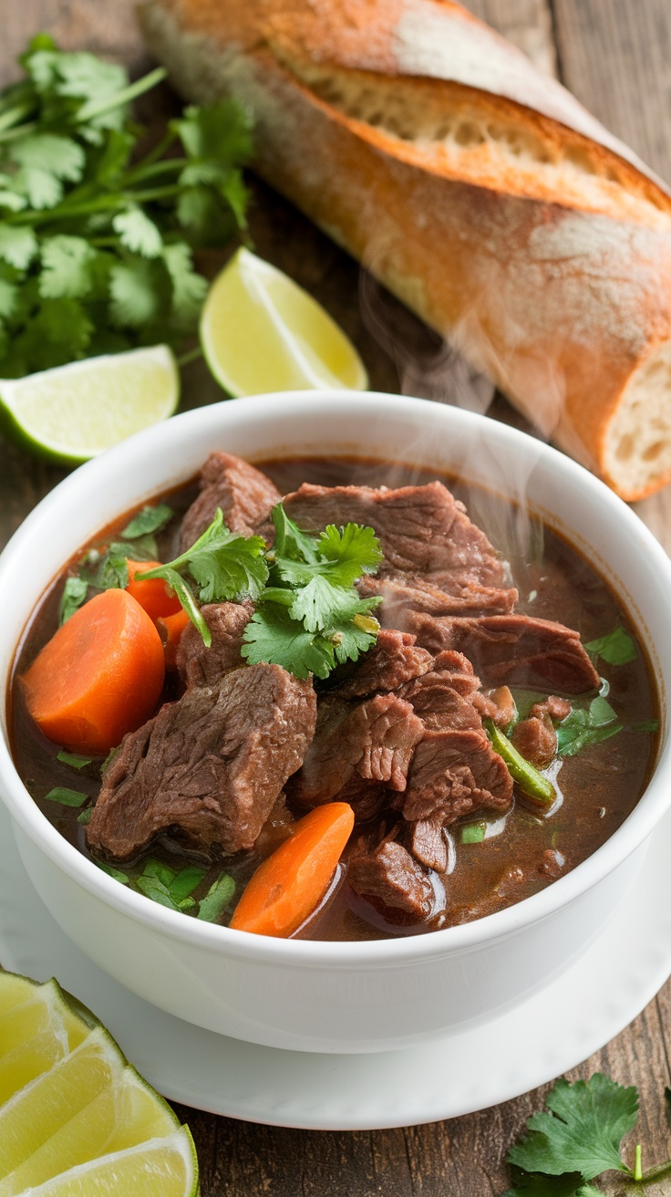 A bowl of Bò Kho with beef, carrots, cilantro, lime, and a baguette on a rustic table.